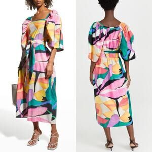 Mara Hoffman Sara Midi Dress Abstract Geometric Print Pink Yellow Size XS